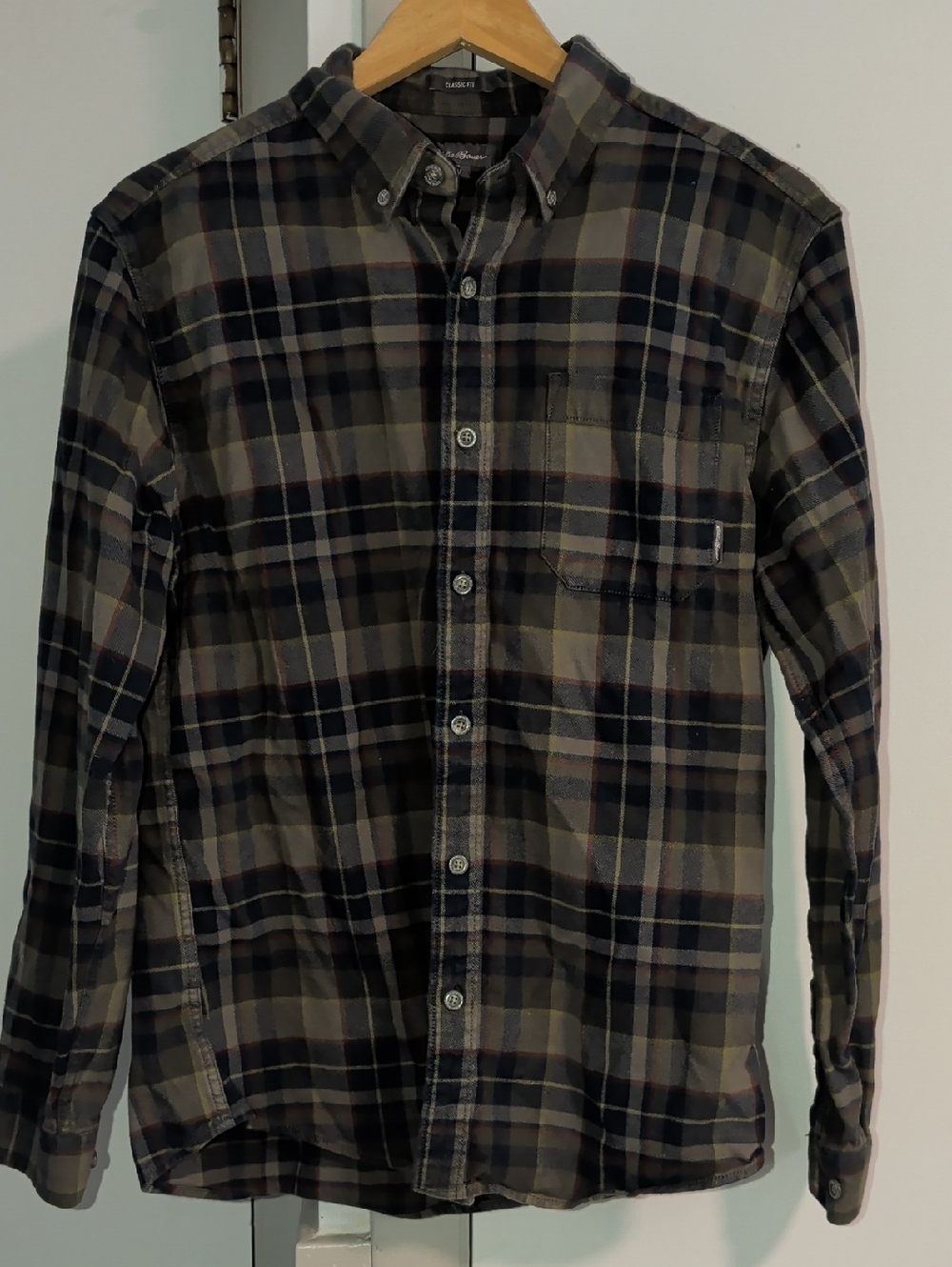 Eddie Bauer Men's Plaid Button-Down Shirt in Dark Green and Navy